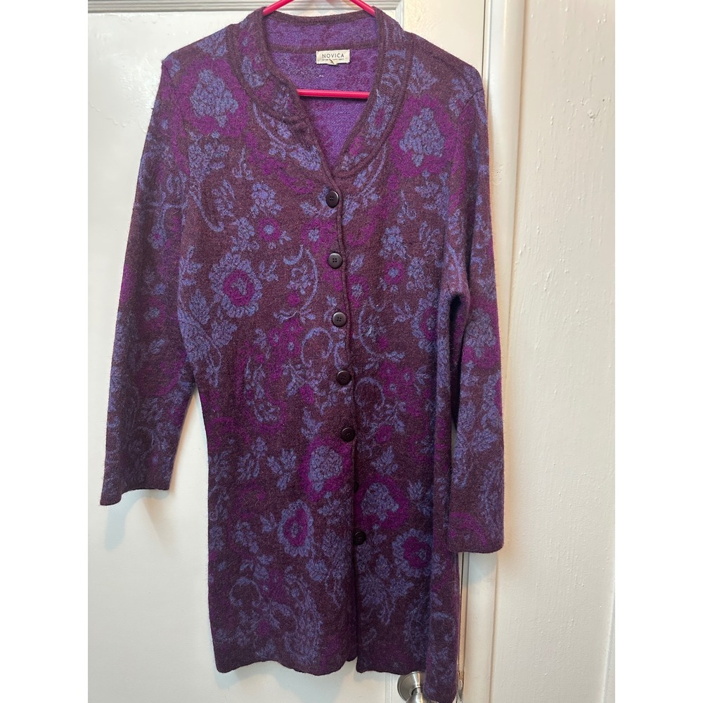 Novica Women 100% Baby Alpaca Floral Jacquard Longline Cardigan Sweater XXL Peru